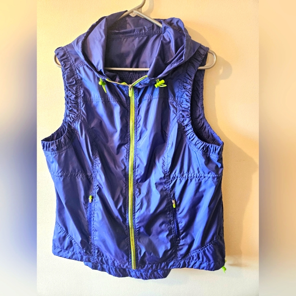 Zip Front Wind Resistant Blue&Green Hooded Vest Womens Size L